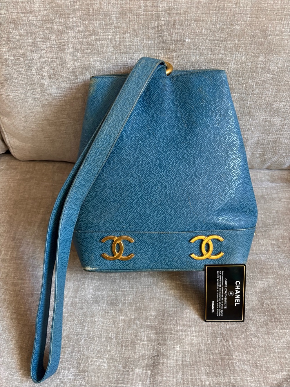 Authentic CHANEL vintage blue calf skin sling bucket bag 24k gold